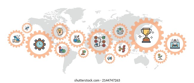 Start up banner with colored web icons. Time management, idea generation, presentation concept banner background.