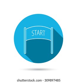 Start banner icon. Marathon checkpoint sign. Blue flat circle button with shadow. Vector