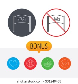 Start banner icon. Marathon checkpoint sign. Shopping cart, globe, heart and check bonus buttons. Ban or stop prohibition symbol.