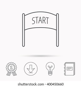 Start banner icon. Marathon checkpoint sign. Download arrow, lamp, learn book and award medal icons.