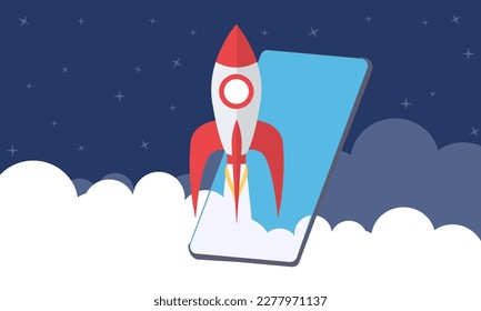 Iniciar banner con portátil, cohete, nubes Ilustración vectorial, lanzamiento exitoso del inicio
