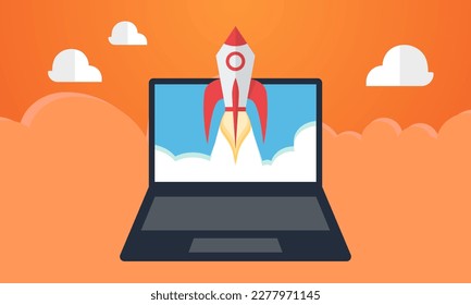 Starten Sie Banner mit Laptop, Rakete, Wolken, Vektorgrafik, erfolgreicher Start