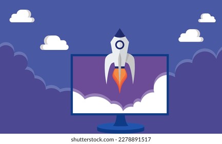 Start up banner with laptop, rocket, clouds Vector illustration, Successful launch of startup