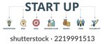 Start up banner web icon vector illustration concept with icon of innovation, idea, goal, business plan, money, team, and scalability