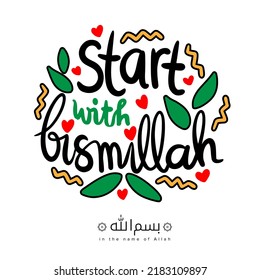 Start with bismillah vector illustration. Islamic poster. Alphabet lettering typography