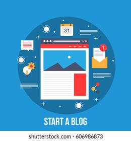 Start blogging vector concept, content writing, development, and sharing illustration with icons