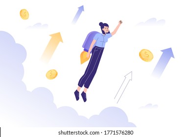 Start up and Boosting New Business concept. Business woman flying up with a jet pack. The way to achieve the goal. Move up motivation. Isolated vector illustration for banner, poster, social media