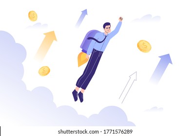 Start up and Boosting New Business concept. Businessman flying up with a jet pack. The way to achieve the goal. Move up motivation. Isolated modern vector illustration for banner, poster, social media