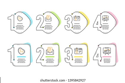 Start business, Bacteria and Credit card icons simple set. Presentation sign. Launch idea, Antibacterial, Mail. Board with charts. Technology set. Infographic timeline. Line start business icon