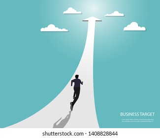 Start up business, Businessman runnnig on arrow towards the goal, Career, Success, Business concept vector illustration flat