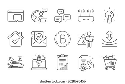 Start business, Certificate and Wifi line icons set. Idea, Chat messages and Seo shopping signs. Confirmed mail, Parking security and Checklist symbols. Bitcoin, Resilience and Seo message. Vector