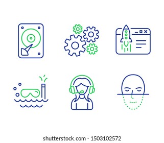 Start business, Cogwheel and Support line icons set. Scuba diving, Hdd and Face recognition signs. Launch idea, Engineering tool, Call center. Trip swimming. Business set. Vector