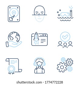 Start business, Cogwheel and Support line icons set. Diploma certificate, save planet, group of people. Scuba diving, Hdd and Face recognition signs. Launch idea, Engineering tool, Call center. Vector