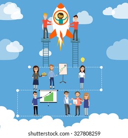 Start up business company with team to launch the rocket vector. illustration EPS10
