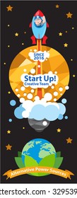 Start up business concept design on black background, creative team, alternative power sources