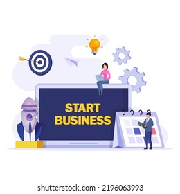 Iniciar el concepto de negocio. Un nuevo proyecto empresarial de diseño plano pone en marcha el desarrollo y lanza un nuevo producto de innovación en un mercado.