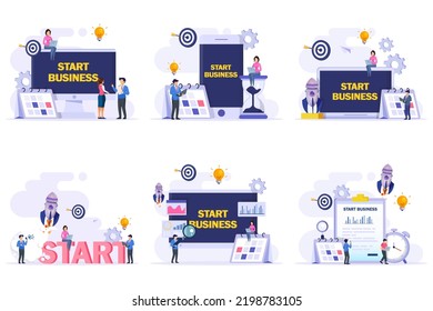Iniciar el concepto de negocio. Un nuevo proyecto empresarial de diseño plano pone en marcha el desarrollo y lanza un nuevo producto de innovación en un mercado.