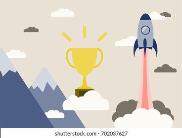 start up business concept, flat design, startup with idea, make money with idea, competition and goal, win number 1 and gold trophy.