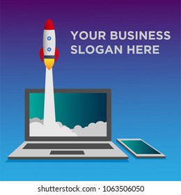 Start up business concept. Flat illustration with rocket launch and laptop on the background.

