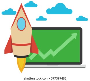 Start up business concept. Flat vector illustration with rocket launch and laptop on the background. Chart as a symbol of success.