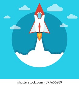 Start up business concept. Flat vector illustration with rocket launch.