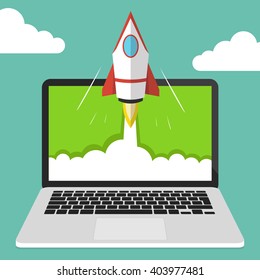 Start up business concept. Flat vector illustration with rocket launch and laptop on the background.
