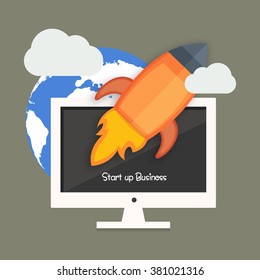 Start up Business concept with flying rocket over desktop.