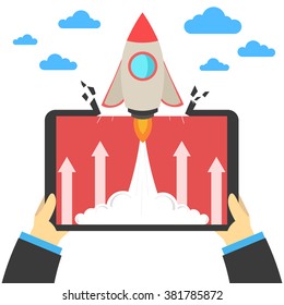 Start up business concept. Hands holding a tablet. Flat vector illustration with rocket launch.