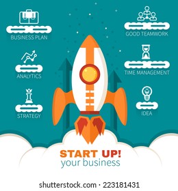 Start Up business concept illustration in flat style. Vector icons set in trendy flat style for presentation, booklet, web design. Rocket concept illustration.