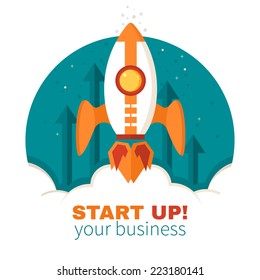 Start Up business concept illustration in trendy flat style. Vector rocket concept for presentation, booklet, web design. 