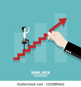 Start up business concept, Business Man walking on the red arrow stairs, People walk up on the success of the financial business. Vector flat design