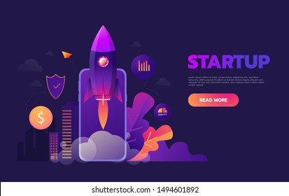 Start up business concept for mobile app development or other disruptive digital business ideas. Cartoon rocket launching from smart phone tablet. Startup.