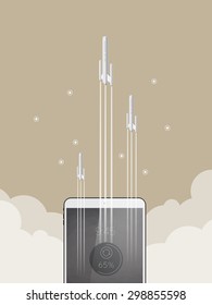 Start up business concept for mobile app development or other disruptive digital business ideas. Cartoon rocket launching from smart phone / tablet