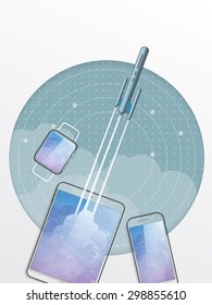 Start up business concept for mobile app development or other disruptive digital business ideas. Cartoon rocket launching from smart phone / tablet