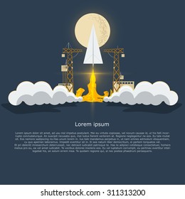 Start up business concept  paper plane rocket ,Space shuttle taking off on a mission