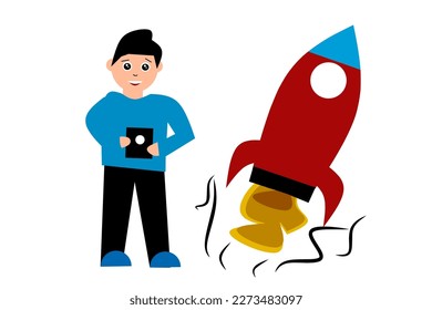 Iniciar Concepto Empresarial. Gente con Rocket volando. en los elementos de fondo blanco. Ilustración vectorial.
