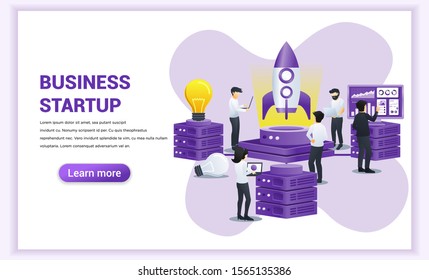 Start up business concept. people are working on rocket getting ready for a launch new start up business. Can use for web banner, infographics, landing page, web template. Vector illustration