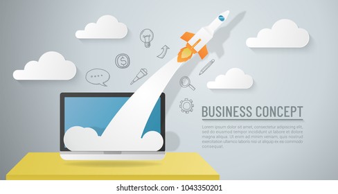 Start up business concept with rocket flying, paper art style-vector illustration