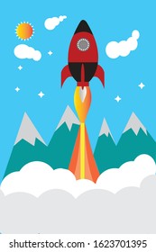 Start up business concept. rocket flying on the air,paper art and digital craft style