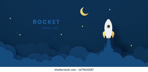 Iniciar el concepto de negocios. cohete volando en el aire, arte de papel y estilo de artesanía digital. Ilustración del vector