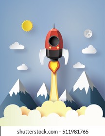 Start up business concept. rocket  flying on the air,paper art and  digital craft style.