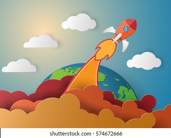 Start up business concept. rocket flying in the air into orbit, paper art style.