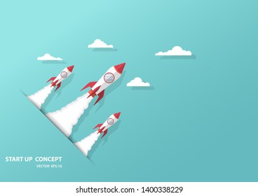 Start-up Business-Konzept, Raketenstart auf den Wolken, Business, Success, Vision, Leader, Vektorgrafik-Wohnung