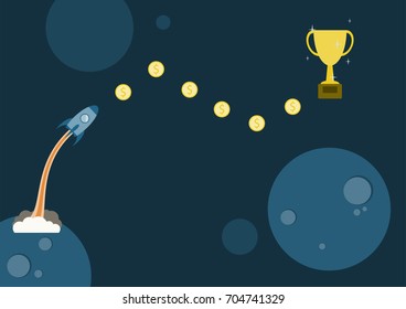 start up business concept in space, flat design, startup with idea, make money with idea, win competition and goal, winner get prize.