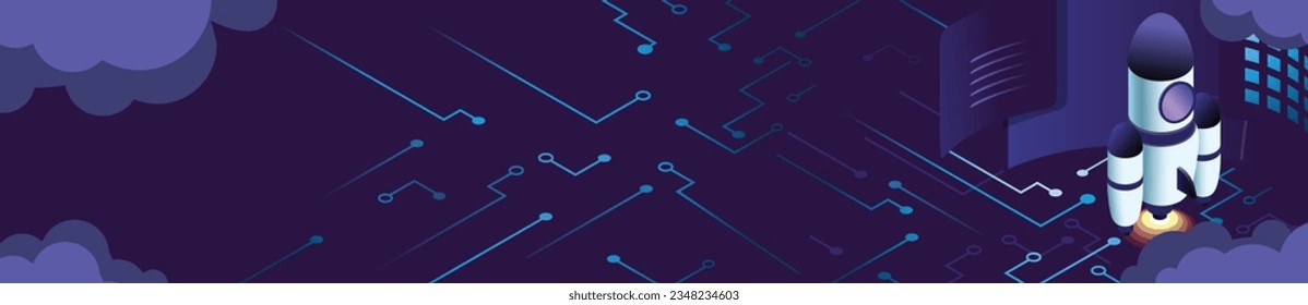iniciar el concepto de negocio vectorial ilustración de fondo con roket y tecnología