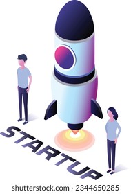 start up business concept vector illustration with rocket and people