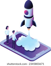 iniciar el concepto de negocio ilustración vectorial con gente de roket amd