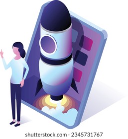 Start-Business-Konzept, Vektorgrafik isometrischer Illustration mit Roket und Menschen

キ ワ 言 ド の: Englisch