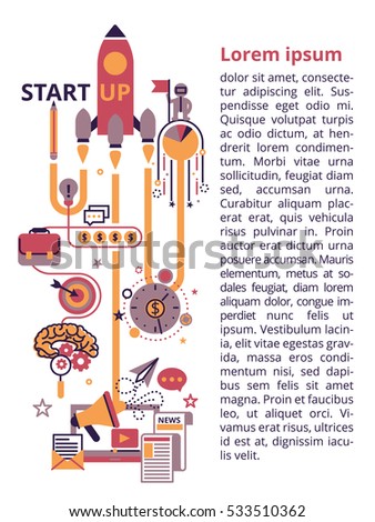 Start up business concept vertical banner in flat line stile. Creative vector illustration with a lot of business icons. Can be used for web, graphic design and brochure.
