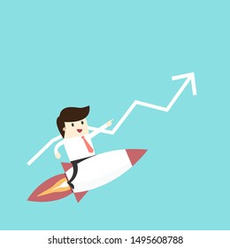 Start up business concept.businessman sit on rocket ship flying through starry sky with graph